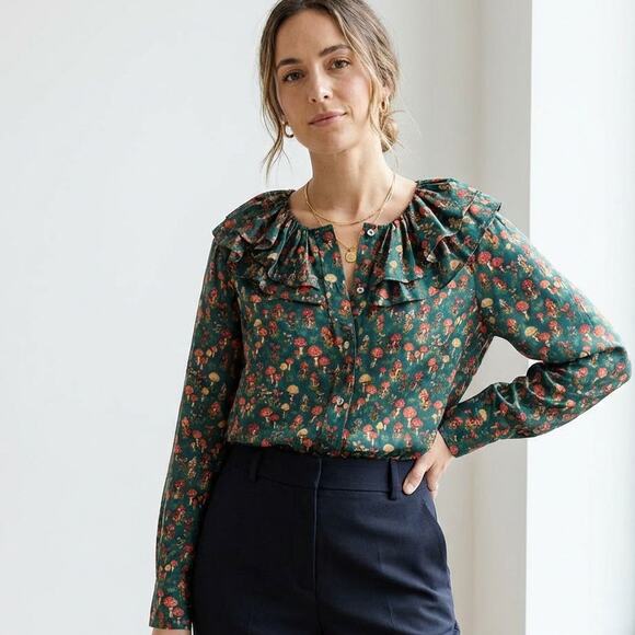 J. Crew Tops - J.Crew Collection Silk-Twill Ruffle Collar Top in Mushroom Floral AU261, size M